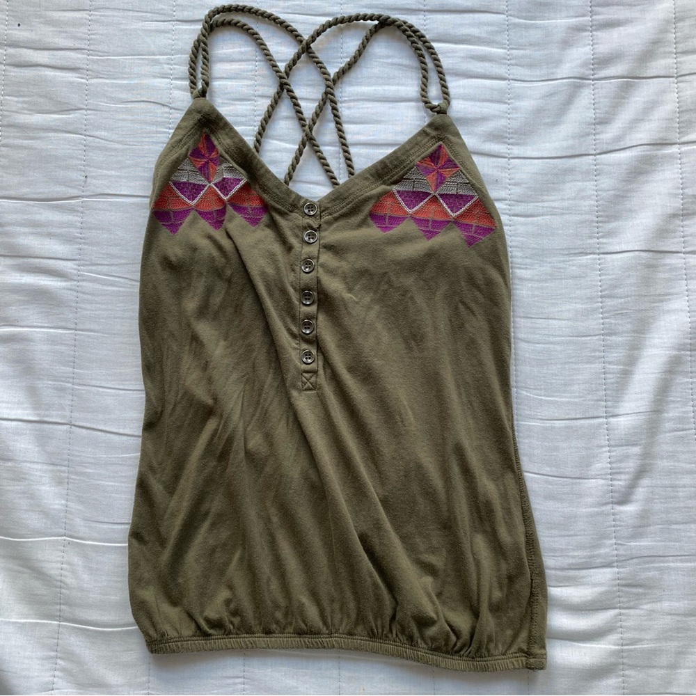 Olive Green Strappy Tank Top with Pink Embroidery
